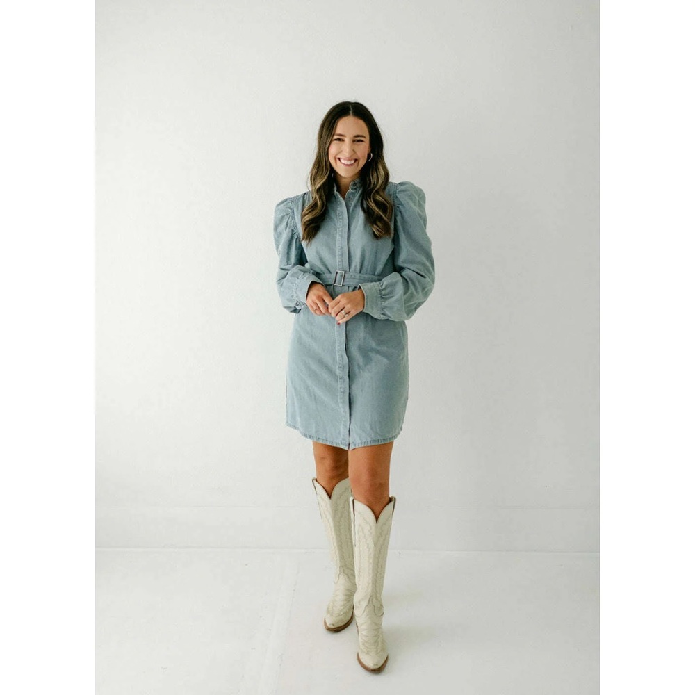 Karlie Denim Puff Sleeve Mock Neck Dress